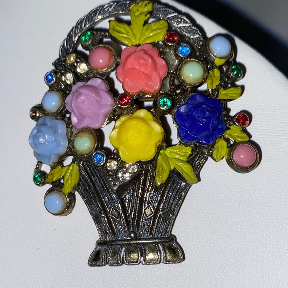 Jewelry - Antique Celluloid Rhinestone Floral Flower Basket Estate Brooch Pin